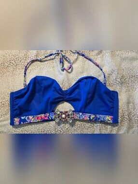 Victoria Secret Royal Blue Women's Bikini Top with Floral Trim ( Size Large)